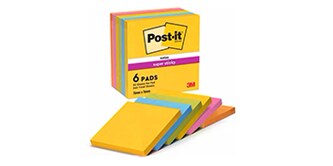 Eine Packung Post-it® Super Sticky Notes in verschiedenen Farben, mit sechs Blöcken
